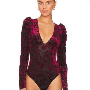 Free People Velvet Floral Burnout Bodysuit in Wine and Black